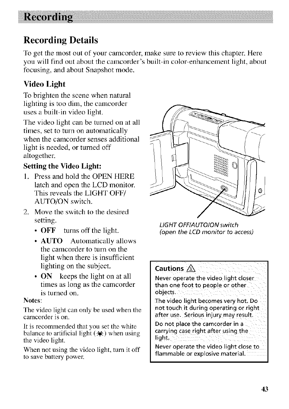 Recording details, Video light, Record inj; recording details | RCA CC9370 User Manual | Page 45 / 84