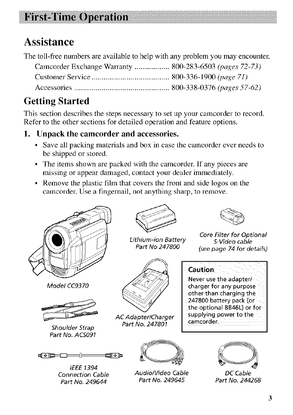 Getting started, Unpack the camcorder and accessories, First-time operation | Assistance | RCA CC9370 User Manual | Page 5 / 84