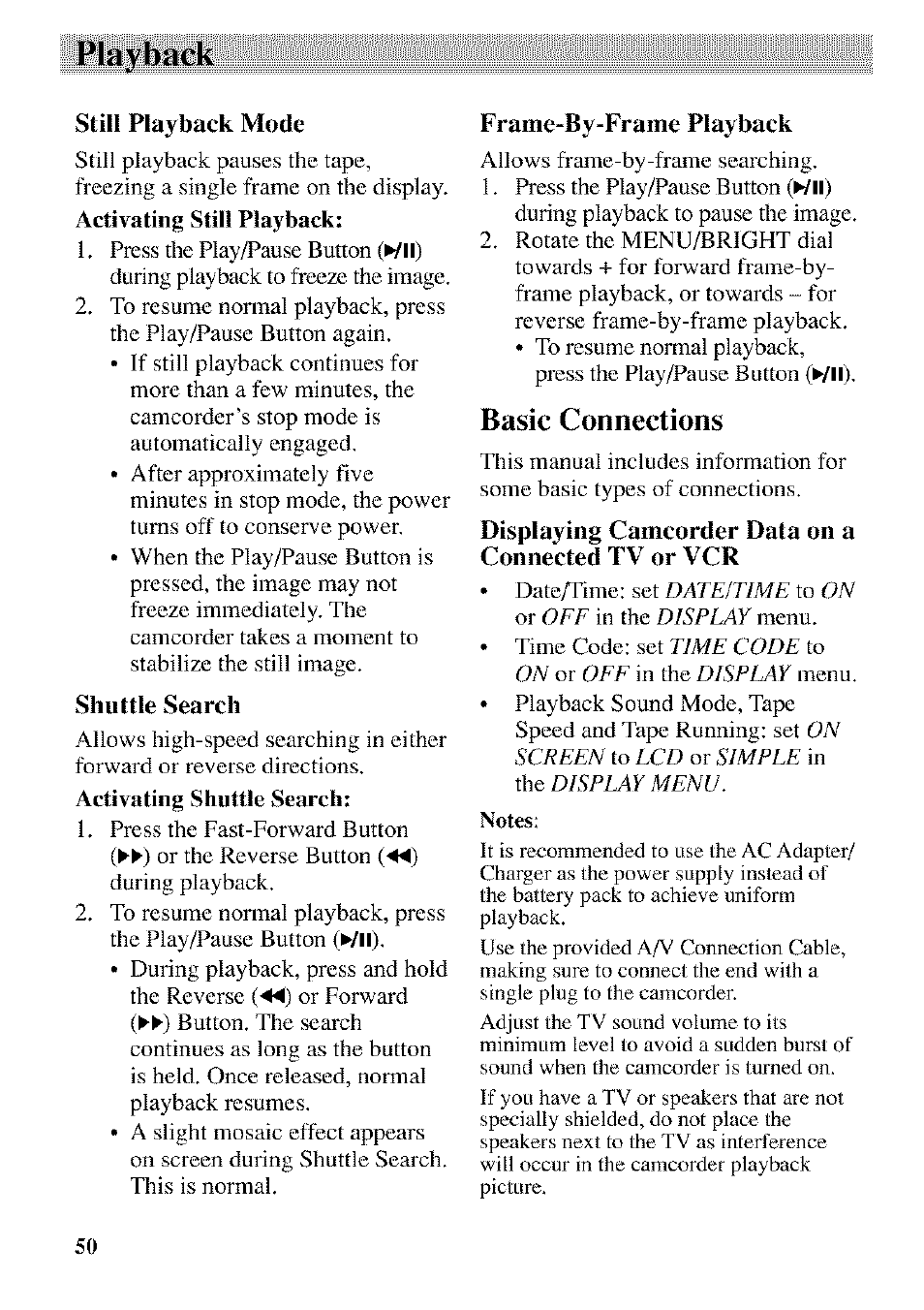 Still playback mode, Shuttle search, Frame-by-frame playback | Basic connections, Displaying camcorder data on a connected tv or vcr, Still playback mode shuttle search, Playback | RCA CC9370 User Manual | Page 52 / 84