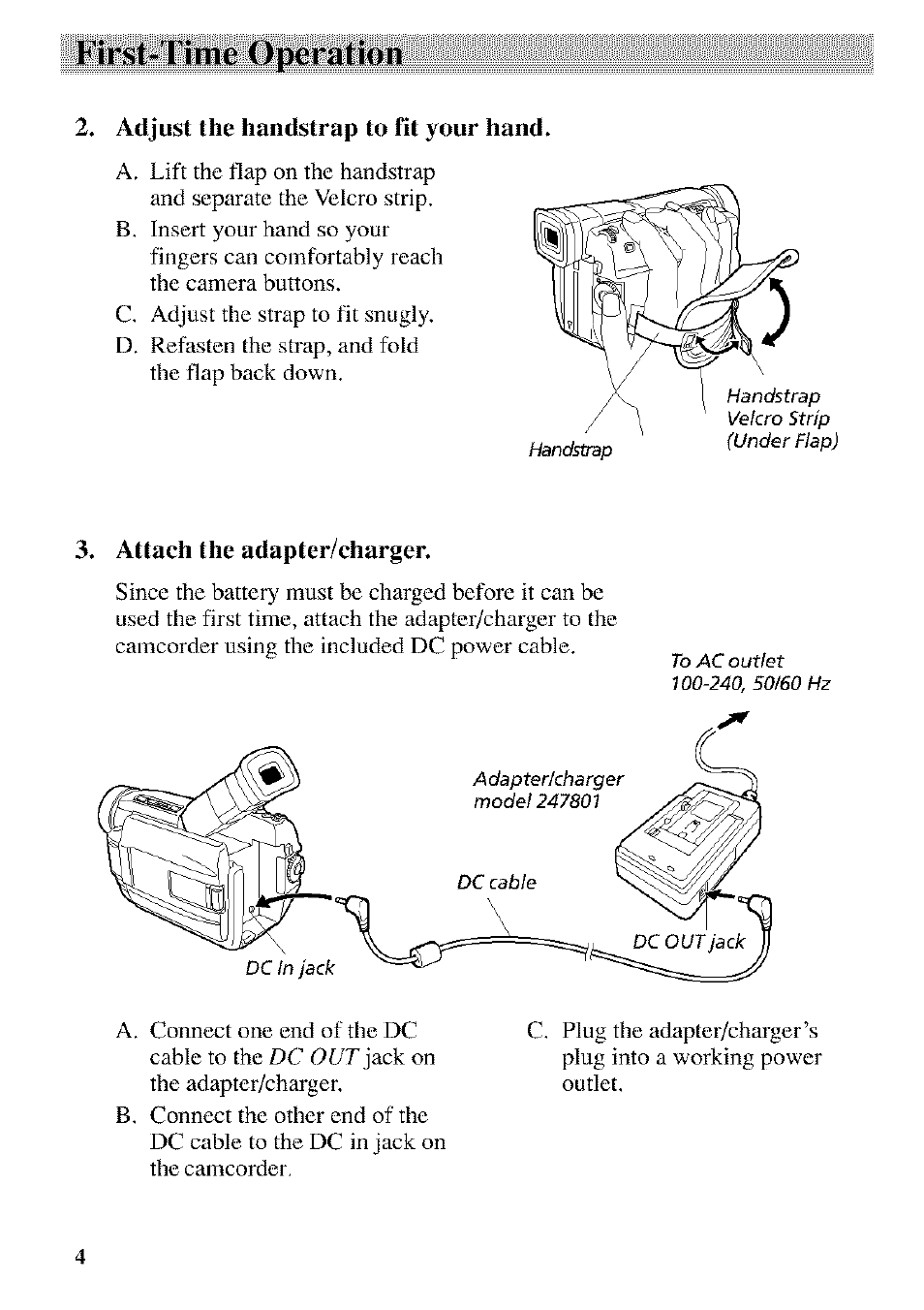 Adjust the handstrap to fit your hand, Attach the adapter/charger, First-time operation | RCA CC9370 User Manual | Page 6 / 84