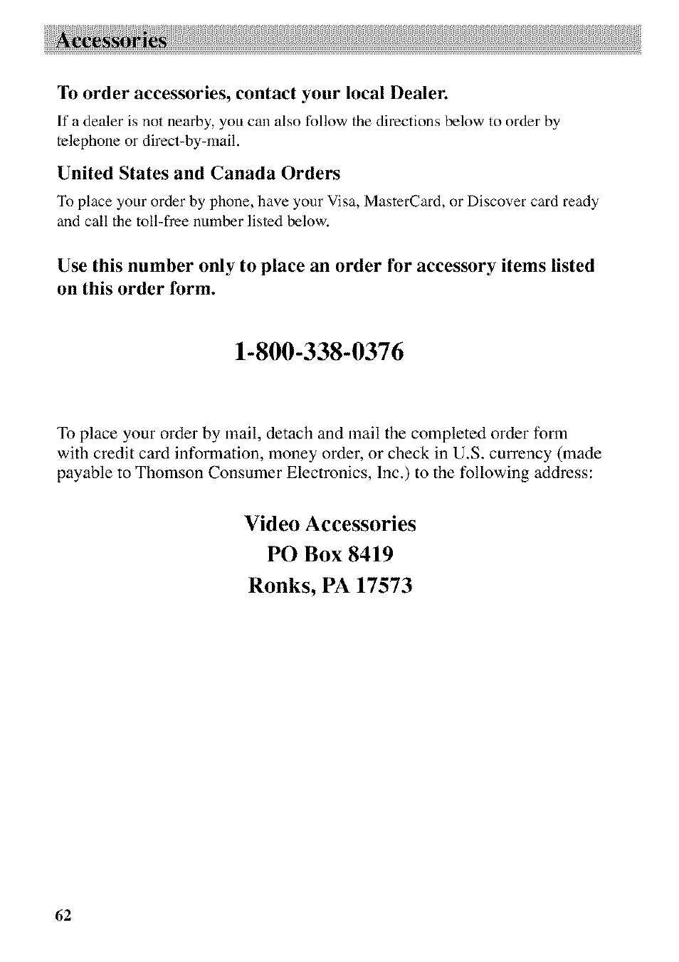 To order accessories, contact your local dealer, United states and canada orders, Accessories | RCA CC9370 User Manual | Page 64 / 84