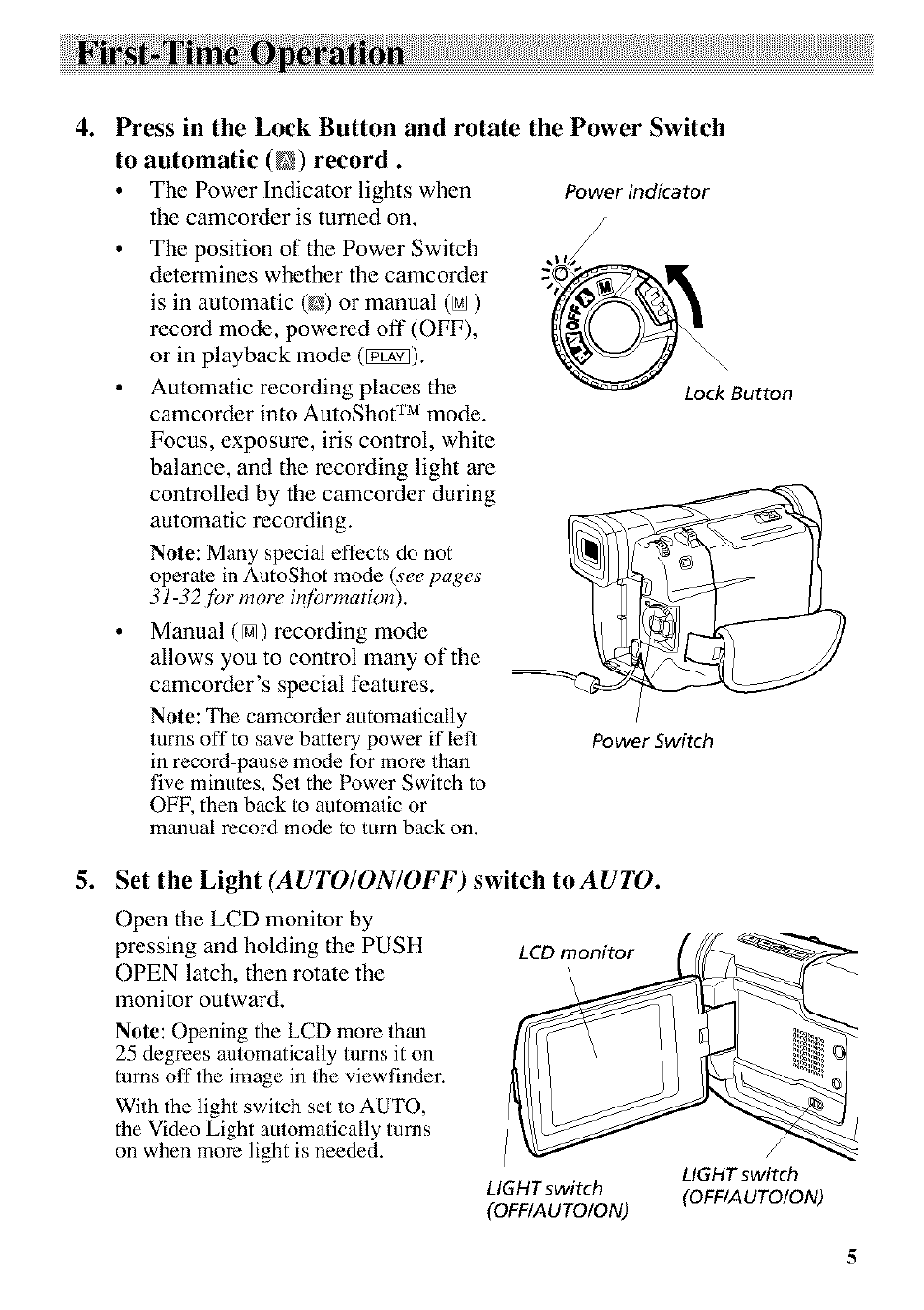 Set the light (autoionioff) switch to auto, First-time opcriition, Set the light | Switch | RCA CC9370 User Manual | Page 7 / 84