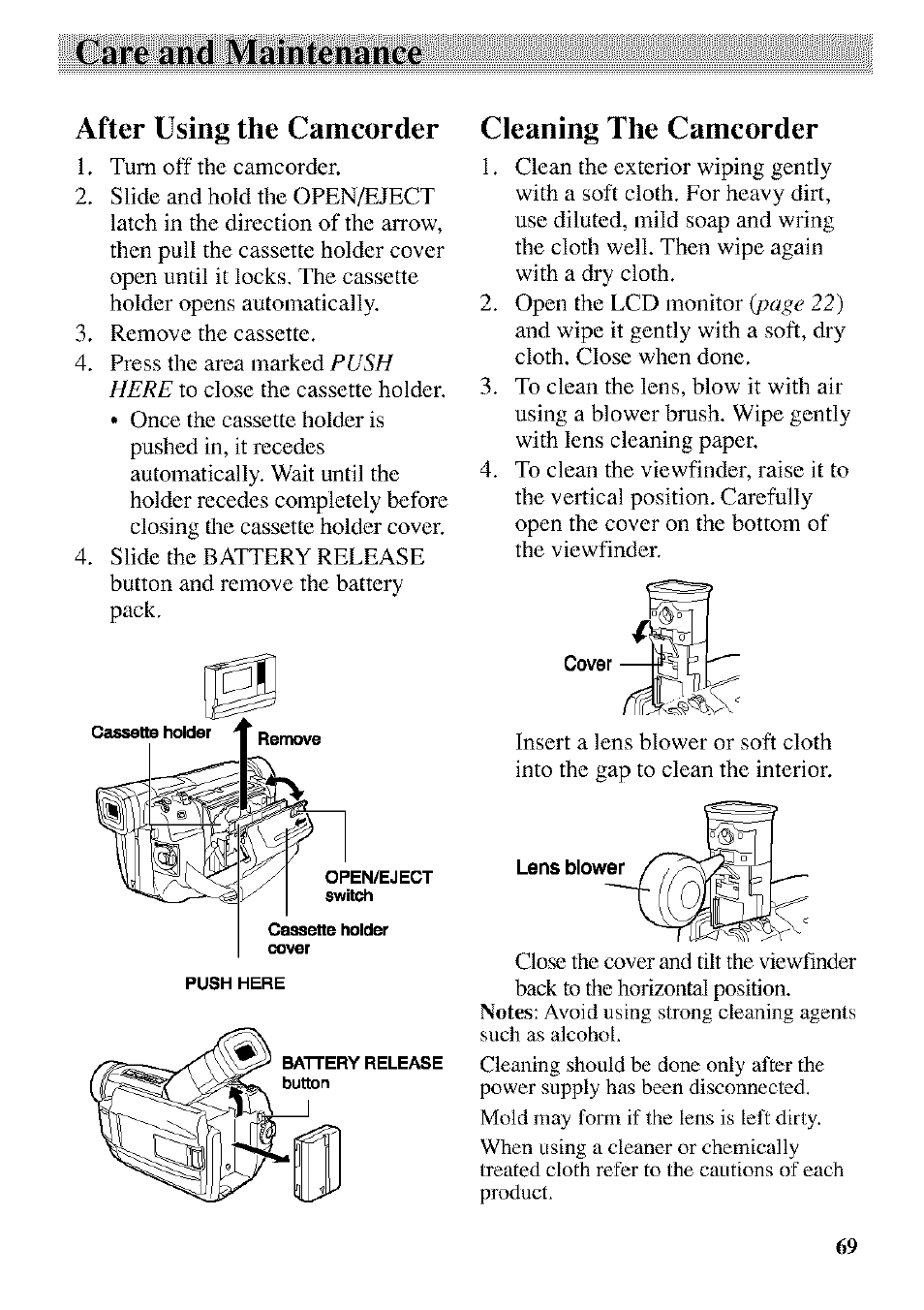 Care and maintenance, After using the camcorder cleaning the camcorder | RCA CC9370 User Manual | Page 71 / 84