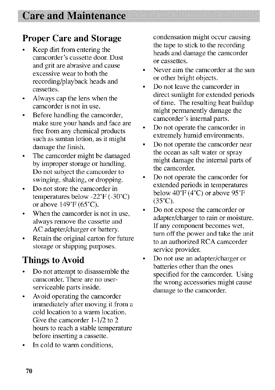 Care and maintenance, Proper care and storage, Things to avoid | RCA CC9370 User Manual | Page 72 / 84