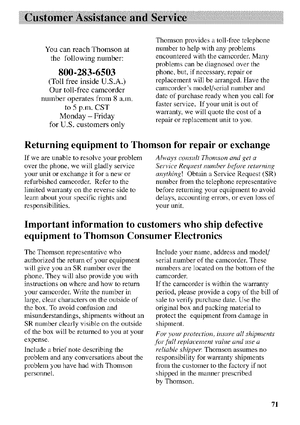 Customer assistance and service | RCA CC9370 User Manual | Page 73 / 84