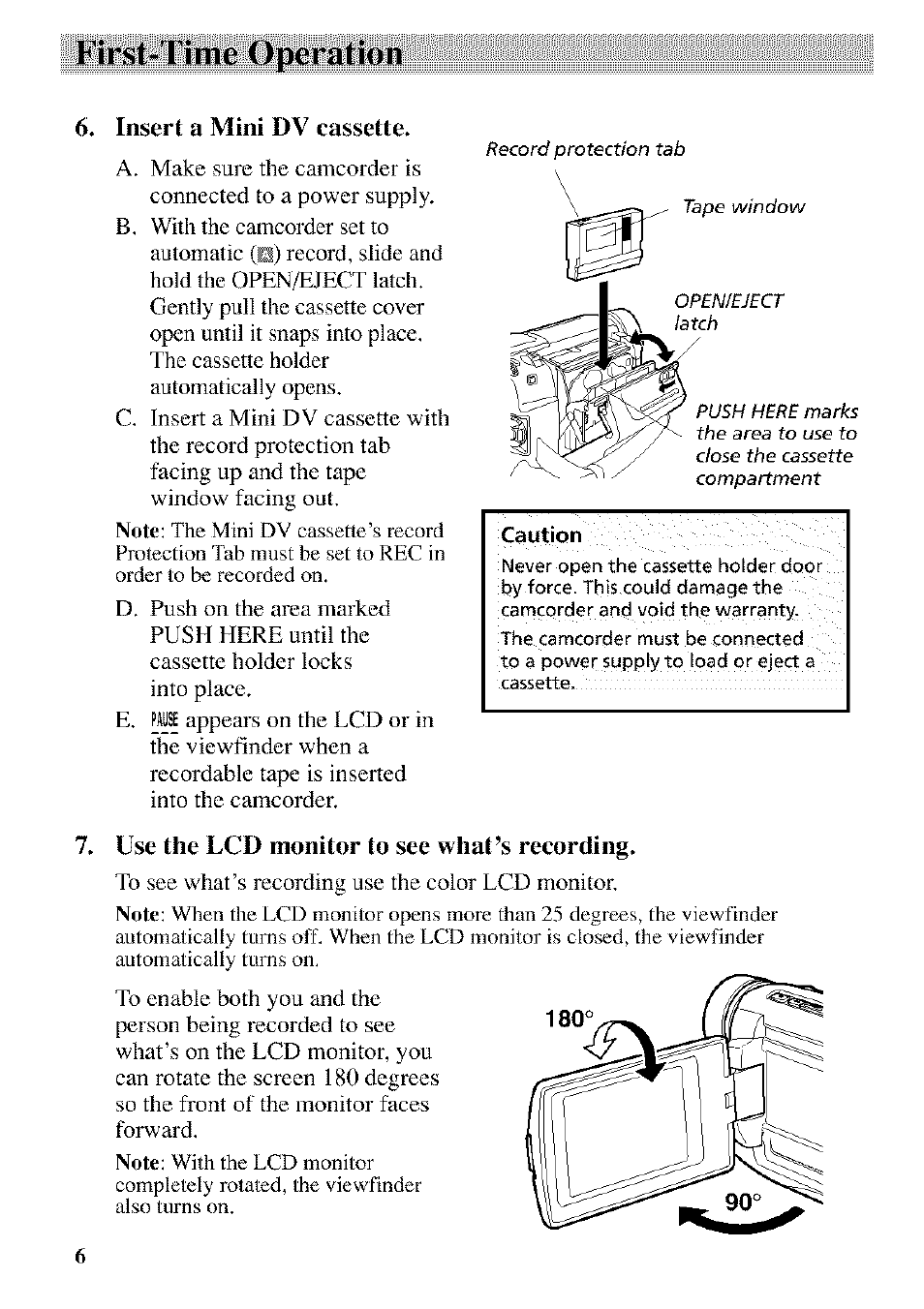 Insert a mini dv cassette, Use the lcd monitor to see whacs recording, First-time operation | RCA CC9370 User Manual | Page 8 / 84