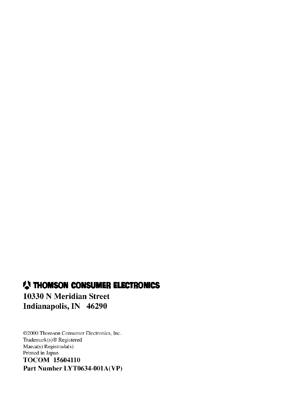 10330 n meridian street indianapolis, in 46290 | RCA CC9370 User Manual | Page 84 / 84