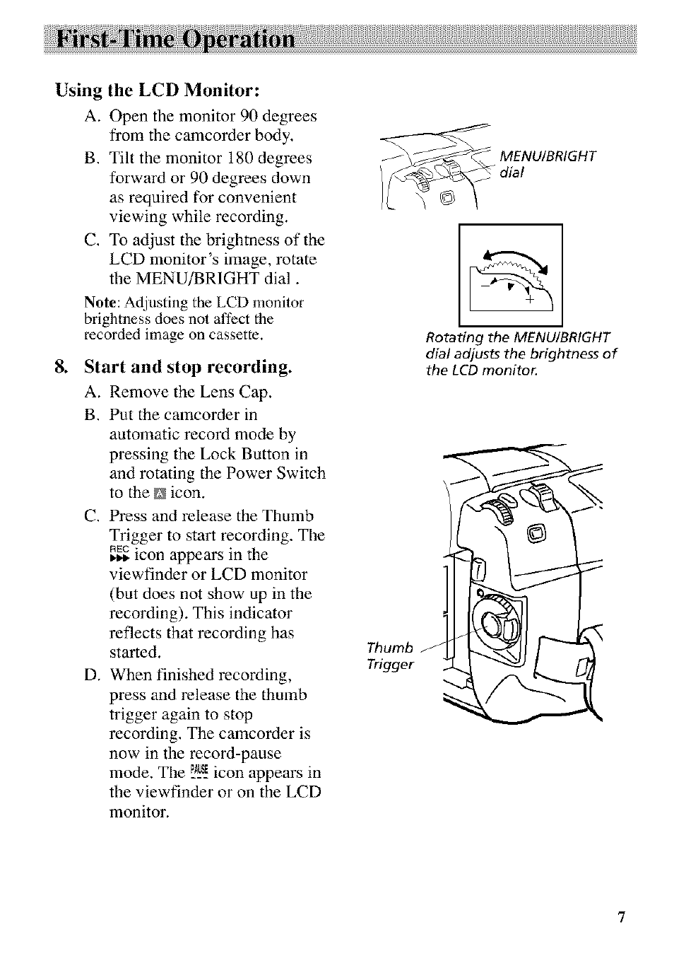 Using the lcd monitor, Start and stop recording, First-time operation | RCA CC9370 User Manual | Page 9 / 84