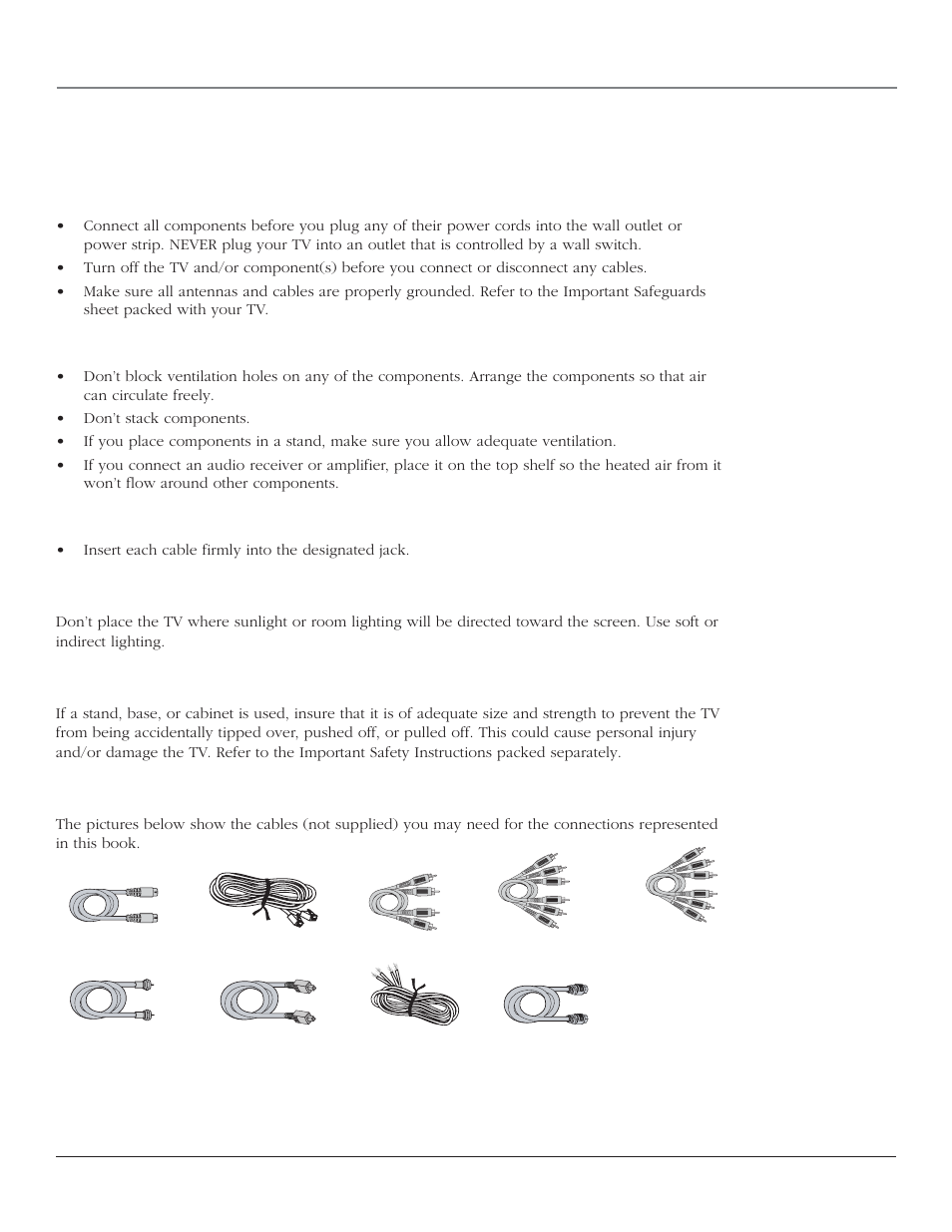 Connections & setup, Things to consider before you connect, Protect against power surges | Protect components from overheating, Use indirect light, Using a stand | RCA HD44LPW164 User Manual | Page 10 / 80