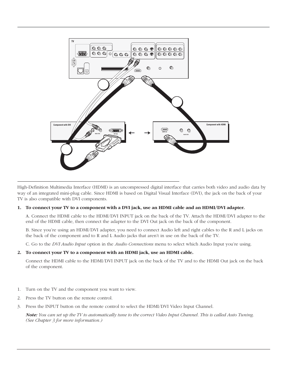 Connections & setup, How to connect: tv + component with dvi or hdmi, Go to page 21 | 1a 2 1b, Chapter 1 17, Viewing the component | RCA HD44LPW164 User Manual | Page 19 / 80