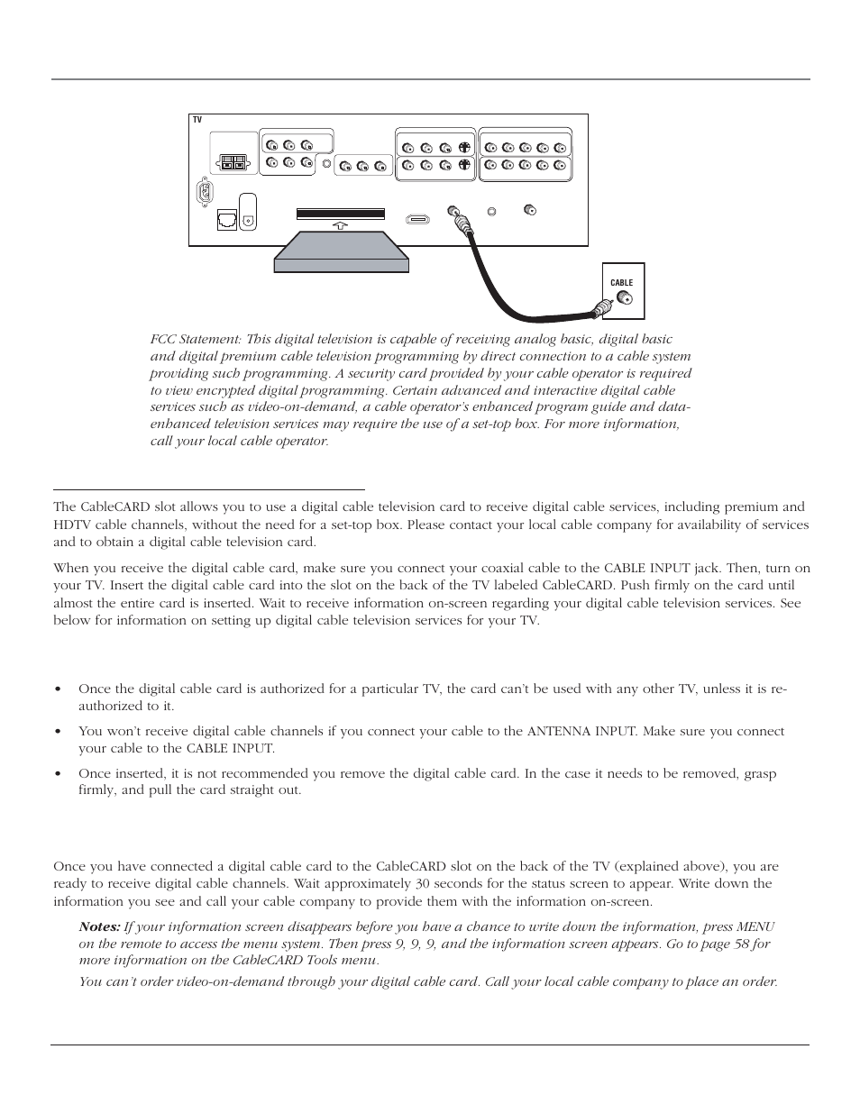 Connections & setup, How to connect: tv + cablecard, Setting up digital cable television service | Go to page 21, 18 chapter 1, You should know, Digital cable card | RCA HD44LPW164 User Manual | Page 20 / 80