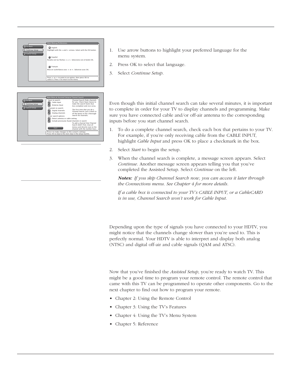 Connections & setup, Next steps, Set the menu language | Complete channel search, Changing channels, 22 chapter 1 | RCA HD44LPW164 User Manual | Page 24 / 80