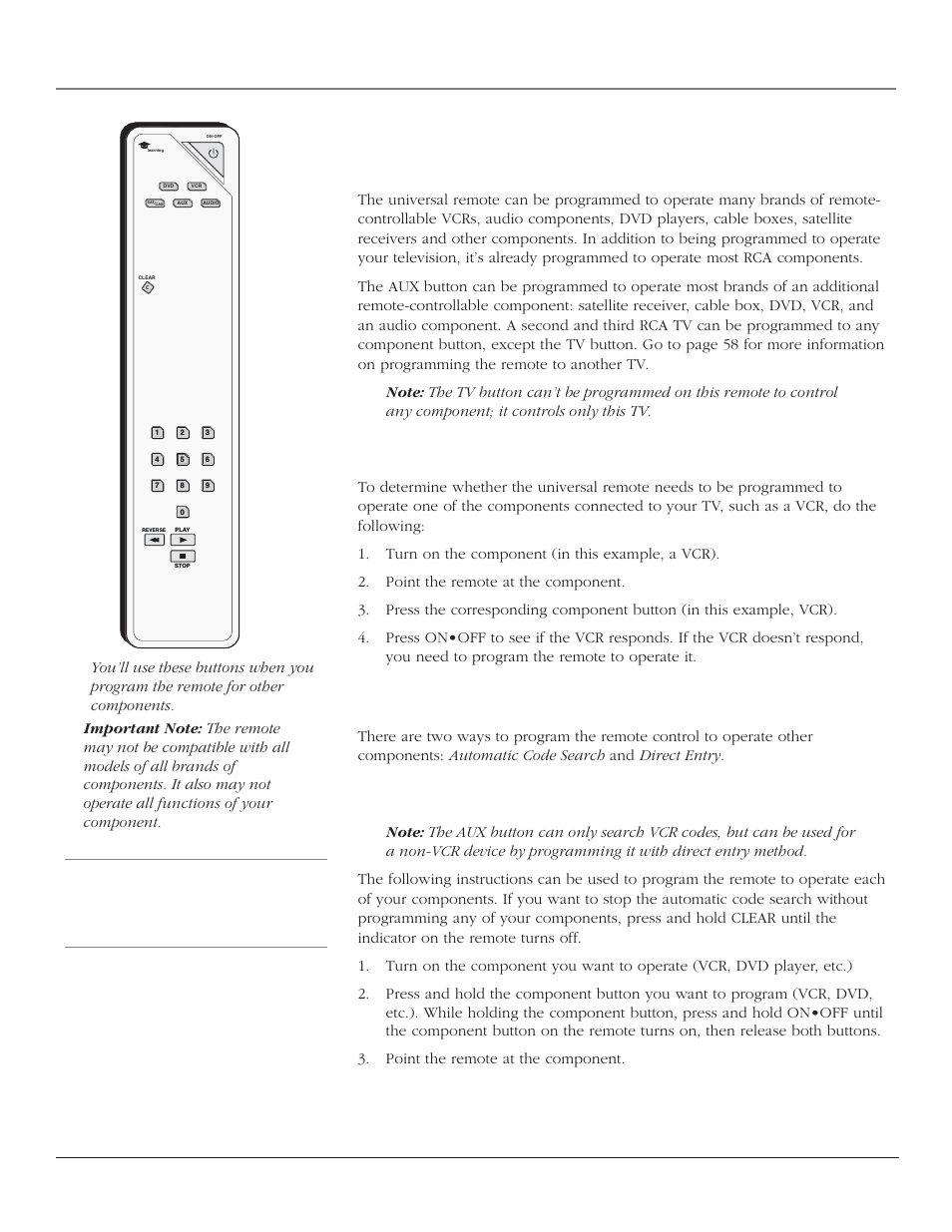 Using the remote control, Programming the remote to operate other components, Find out if you need to program the remote | Programming the remote, 26 chapter 2, Using automatic code search | RCA HD44LPW164 User Manual | Page 28 / 80