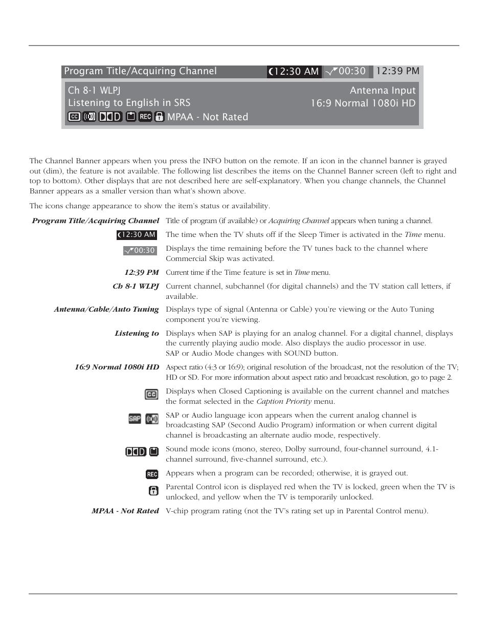 Using the tv’s features, About the channel banner | RCA HD44LPW164 User Manual | Page 36 / 80