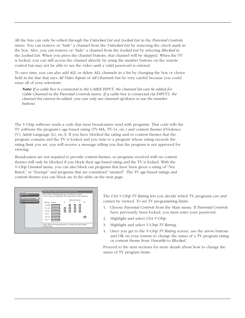 Using the tv’s features, How v-chip works for the usa and canada, Usa v-chip tv ratings | Chapter 3 37 editing channels in the channel lists | RCA HD44LPW164 User Manual | Page 39 / 80