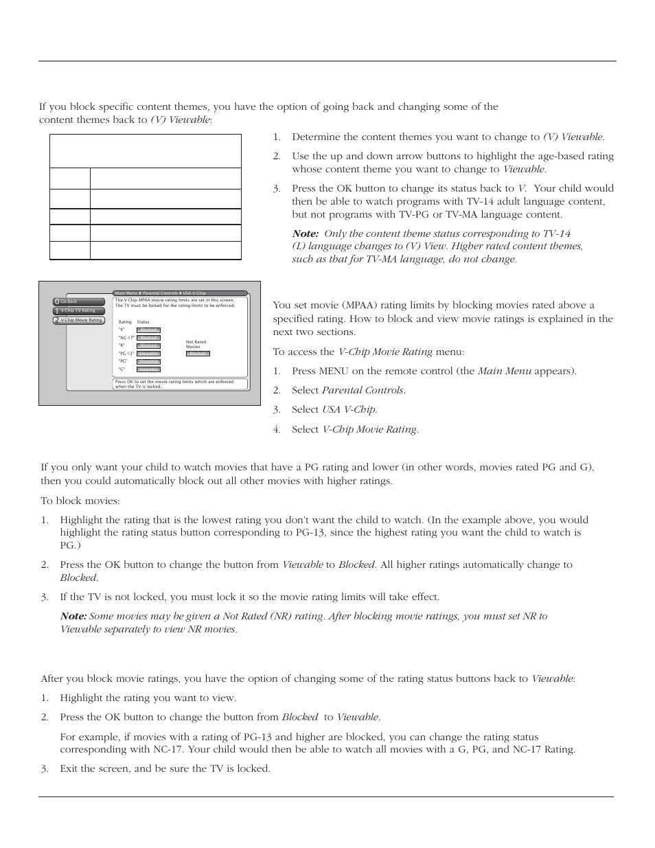 Using the tv’s features, 40 chapter 3 viewing specific content themes, Content themes | V-chip movie rating limit, Blocking movie ratings, Viewing movie ratings | RCA HD44LPW164 User Manual | Page 42 / 80