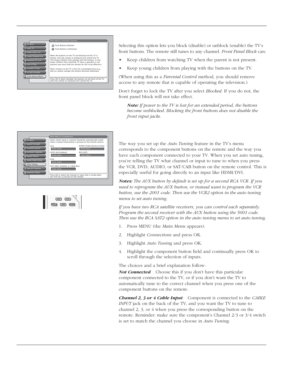 Using the tv’s features, Auto tuning feature, Chapter 3 43 front button block | RCA HD44LPW164 User Manual | Page 45 / 80