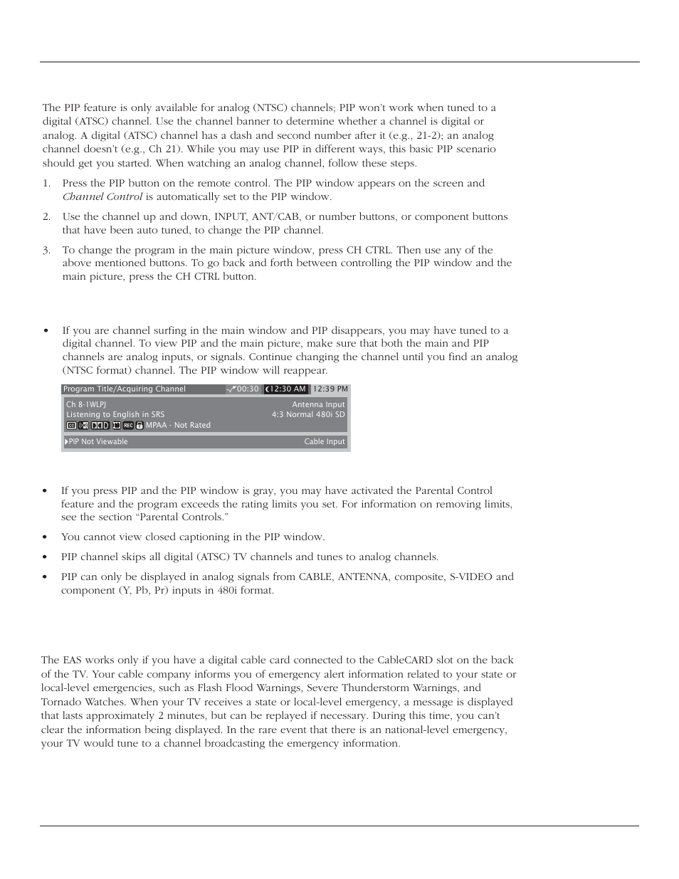 Using the tv’s features, Emergency alert system (eas), Chapter 3 45 using the pip feature | Pip problems | RCA HD44LPW164 User Manual | Page 47 / 80