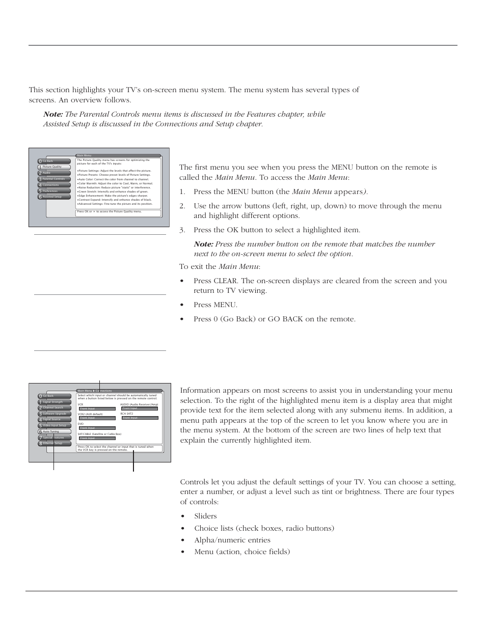 Using the tv’s menu system, Menus, on-screen help, and control panels, Navigating the menu system | On-screen help, Controls, 48 chapter 4, Tips, Menu path help text highlighted menu selection | RCA HD44LPW164 User Manual | Page 50 / 80