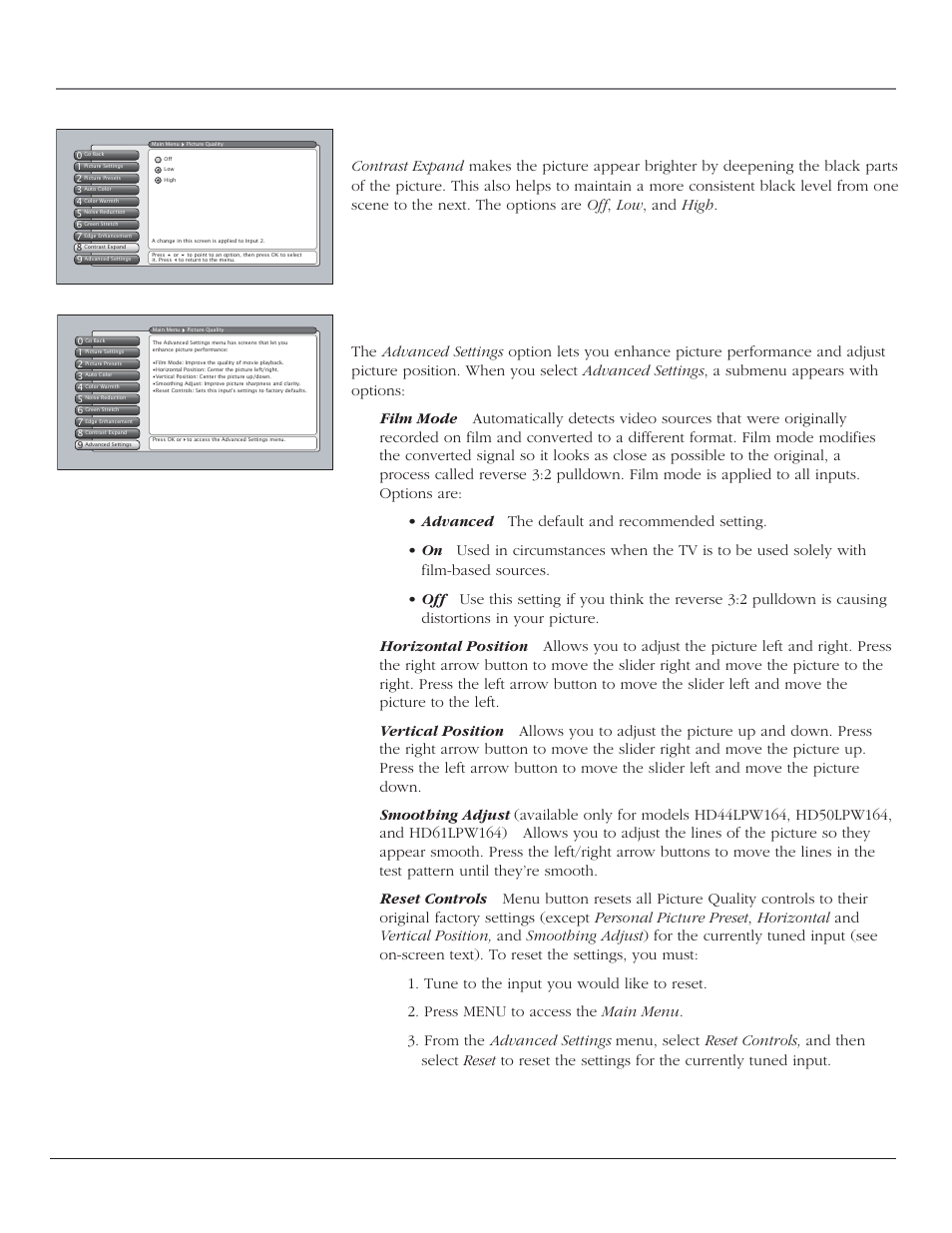 Using the tv’s menu system, Contrast expand, Advanced settings | 52 chapter 4 | RCA HD44LPW164 User Manual | Page 54 / 80