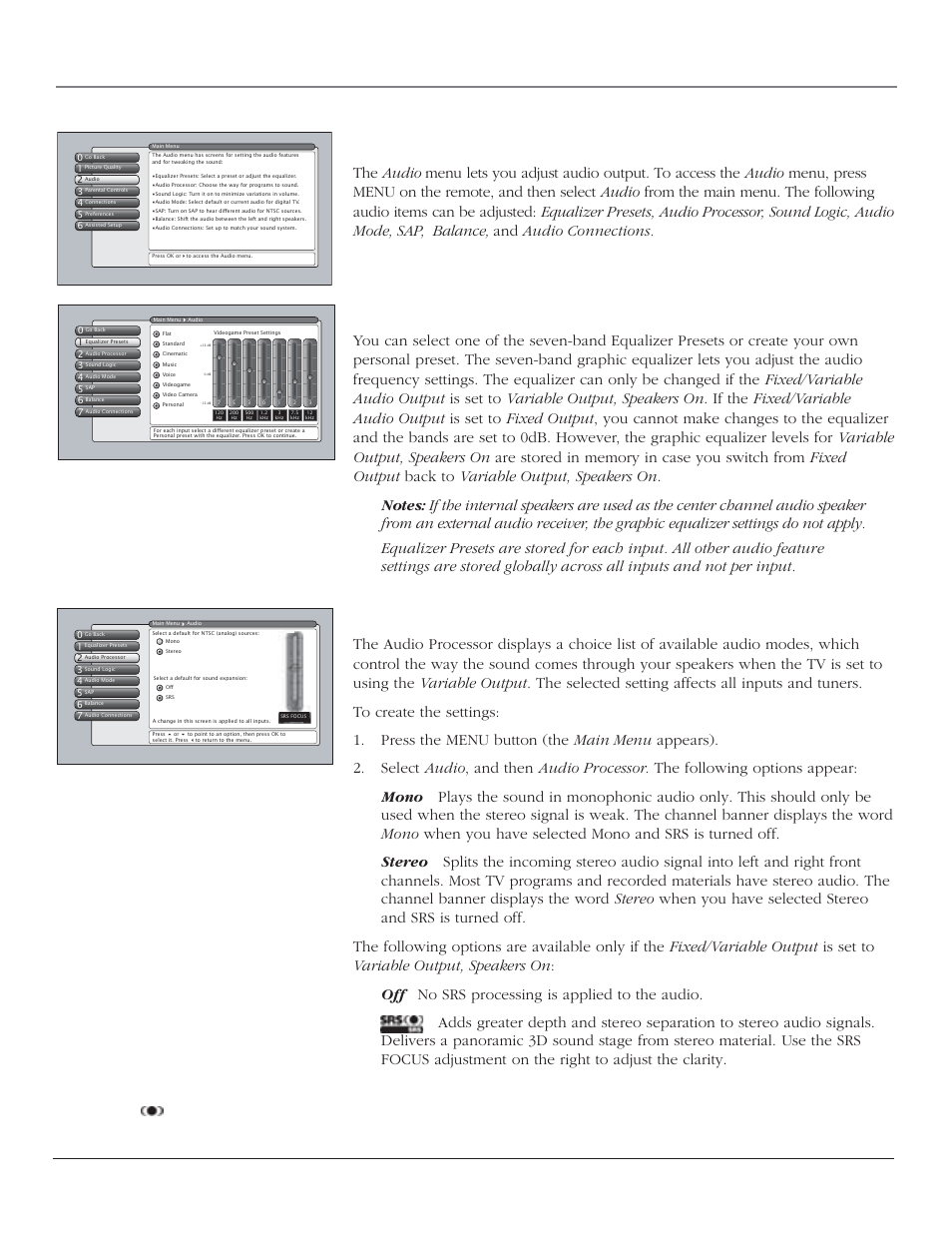 Using the tv’s menu system, Audio menu, Equalizer presets | Audio processor, Chapter 4 53, Srs and ( ) symbol are trademarks of srs labs, inc | RCA HD44LPW164 User Manual | Page 55 / 80