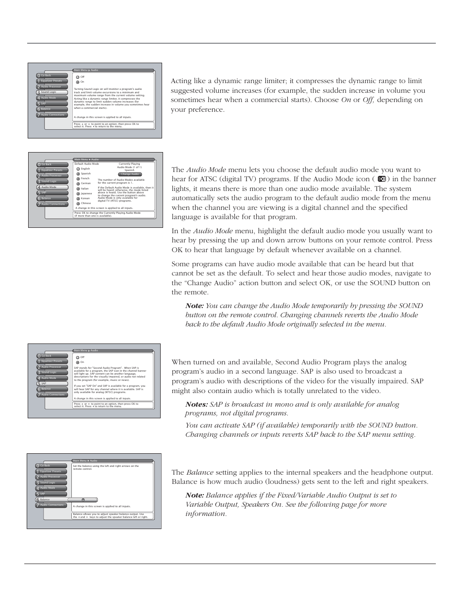 Using the tv’s menu system, Sound logic, Audio mode | Sap (second audio program), Balance, 54 chapter 4 | RCA HD44LPW164 User Manual | Page 56 / 80