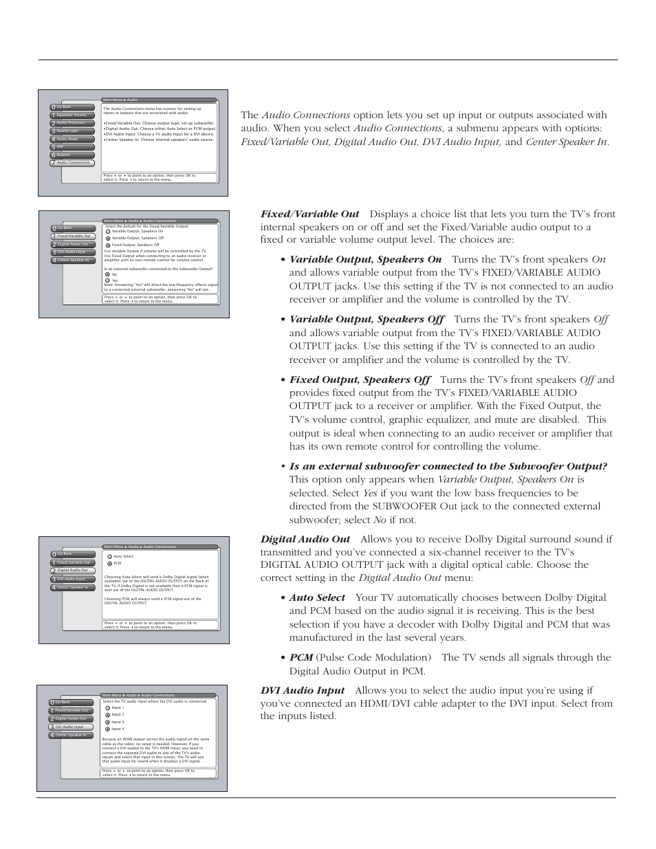 Using the tv’s menu system, Audio connections, Chapter 4 55 | RCA HD44LPW164 User Manual | Page 57 / 80