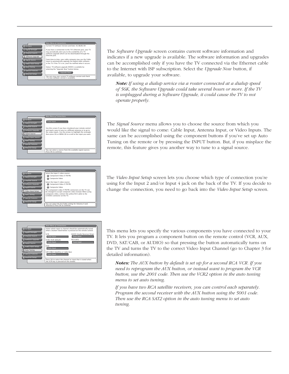 Using the tv’s menu system, Software upgrade, Signal source | Video input setup, Auto tuning, Chapter 4 57 | RCA HD44LPW164 User Manual | Page 59 / 80