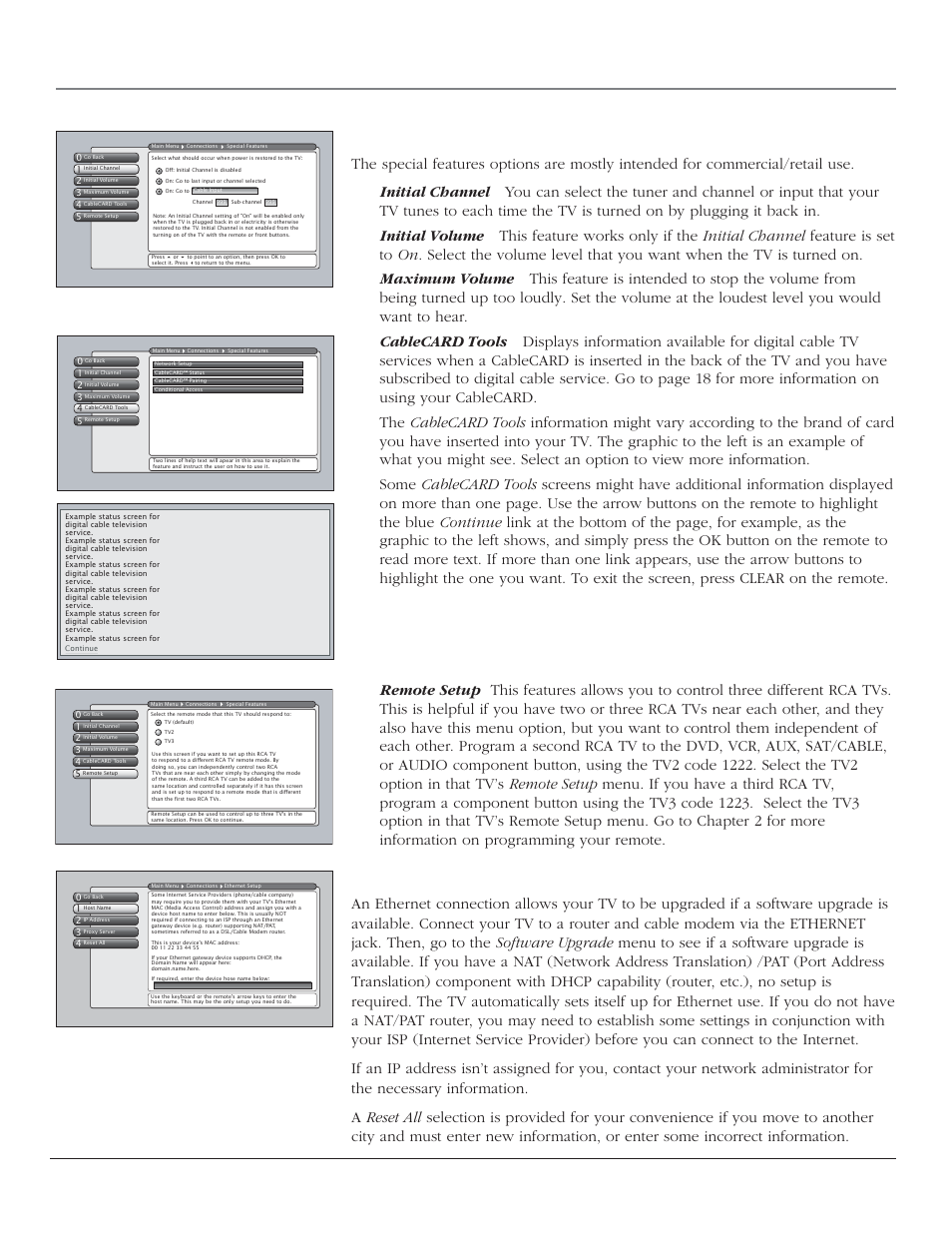 Using the tv’s menu system, Special features, Ethernet setup | 58 chapter 4 | RCA HD44LPW164 User Manual | Page 60 / 80