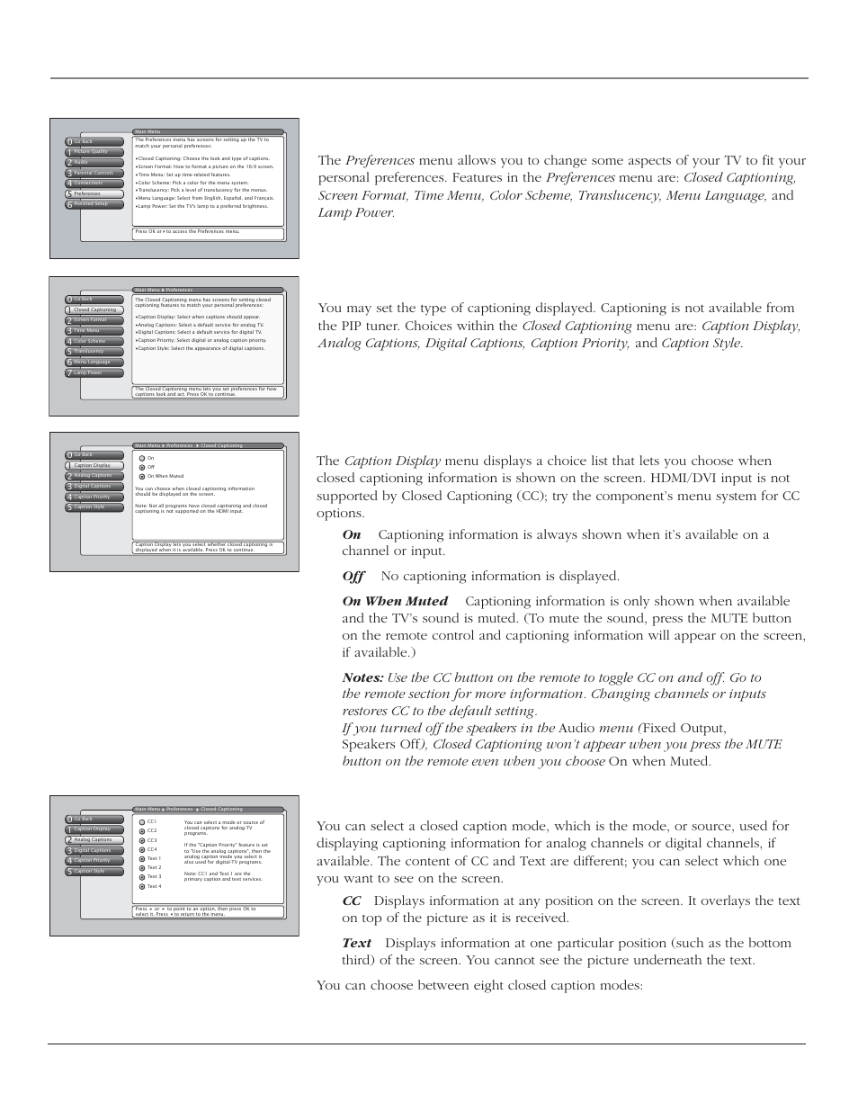 Using the tv’s menu system, Preferences menu, Closed captioning | Chapter 4 59, Caption display, Analog captions, Continued on next page) | RCA HD44LPW164 User Manual | Page 61 / 80