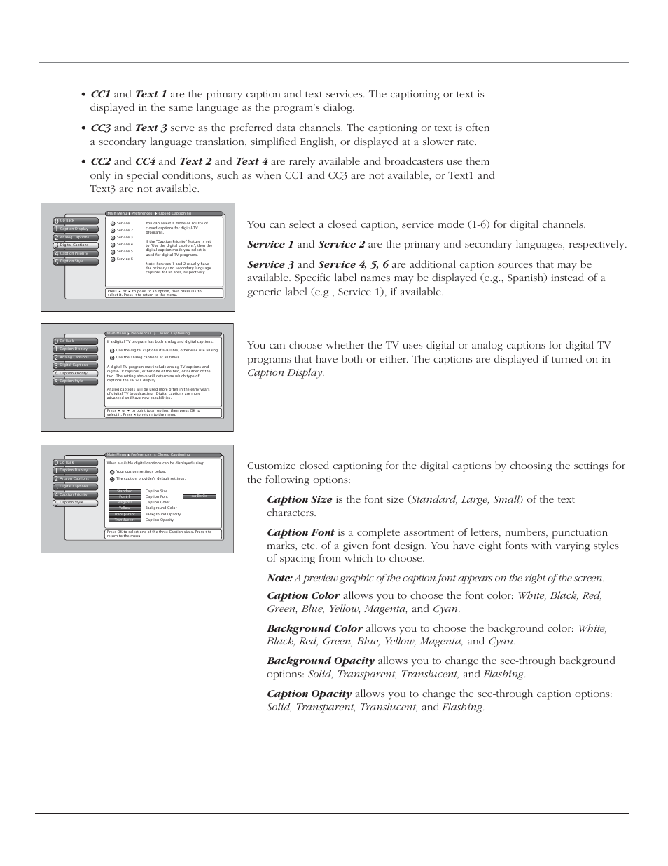 Using the tv’s menu system, 60 chapter 4, Digital captions | Caption priority, Caption style | RCA HD44LPW164 User Manual | Page 62 / 80