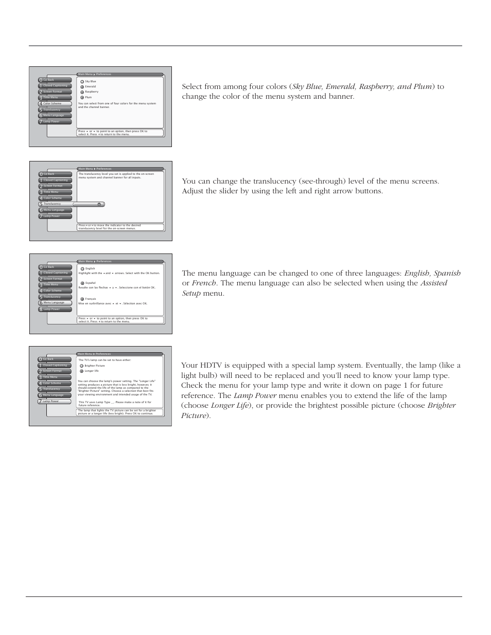Using the tv’s menu system, Color scheme, Translucency | Menu language, Lamp power, 62 chapter 4 | RCA HD44LPW164 User Manual | Page 64 / 80
