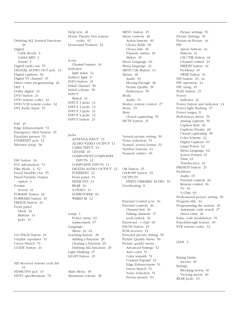 Index | RCA HD44LPW164 User Manual | Page 78 / 80