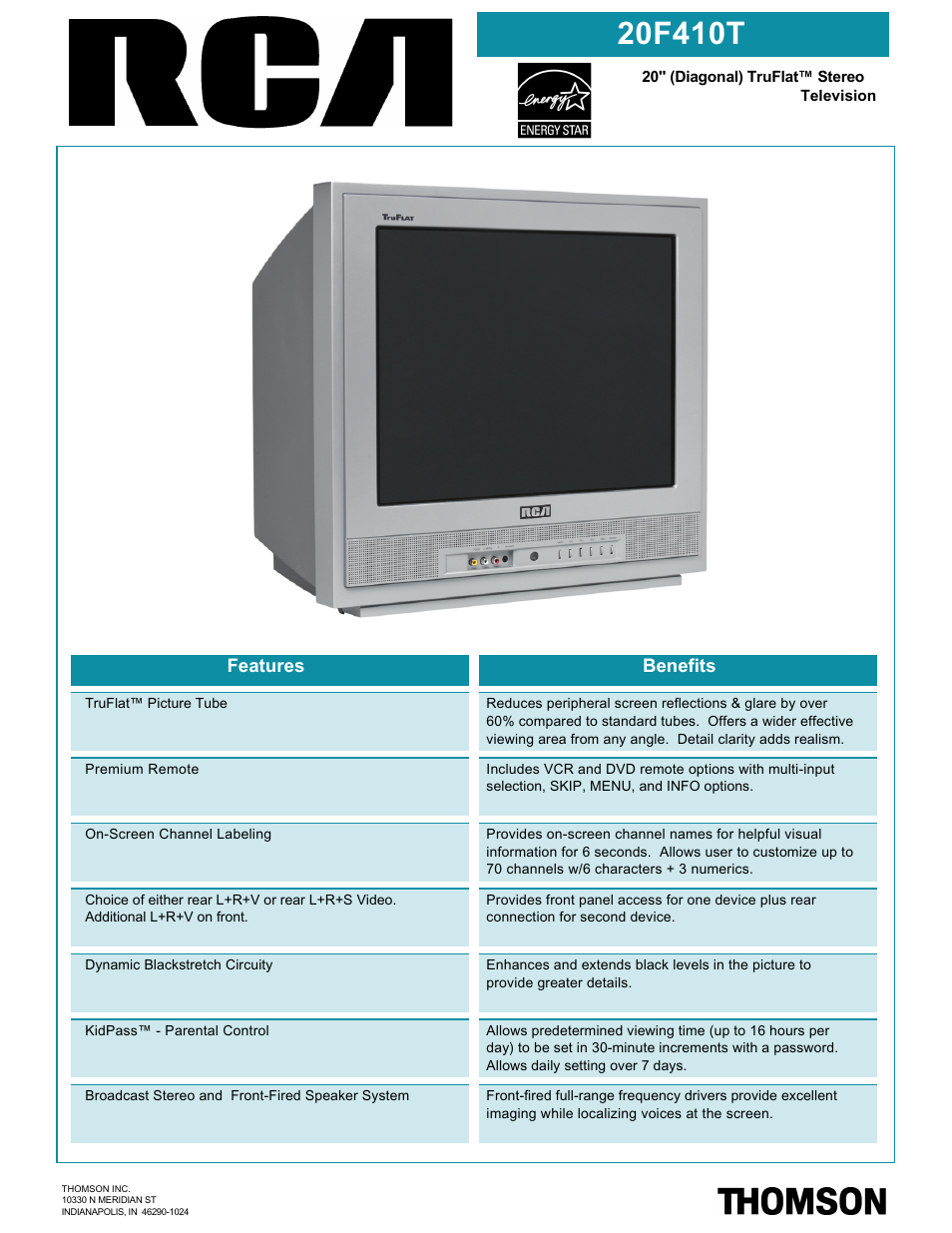 RCA 20F410T User Manual | 2 pages