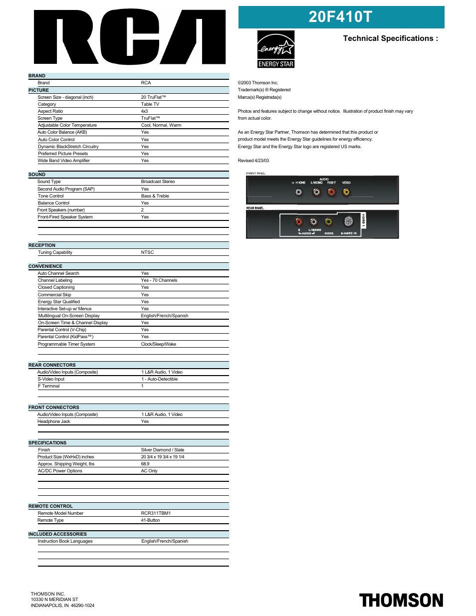 Technical specifications | RCA 20F410T User Manual | Page 2 / 2