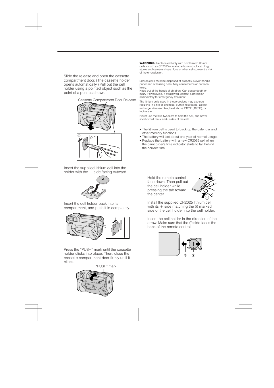 First-time operation, Installing the lithium cell in the camcorder, Installing the lithium cell in the remote control | Installing the lithium cell in the camcorder 1 | RCA ProV950HB User Manual | Page 10 / 80