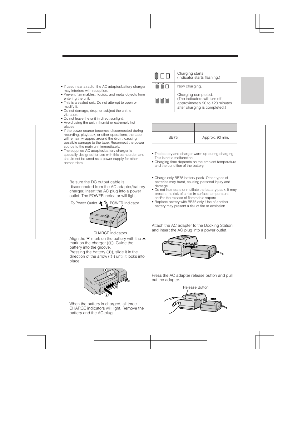 Attaching the ac adapter/battery charger, Attaching the ac adapter/ battery charger, Attaching the ac adapter to the docking station | Removing the ac adapter from the docking station | RCA ProV950HB User Manual | Page 11 / 80