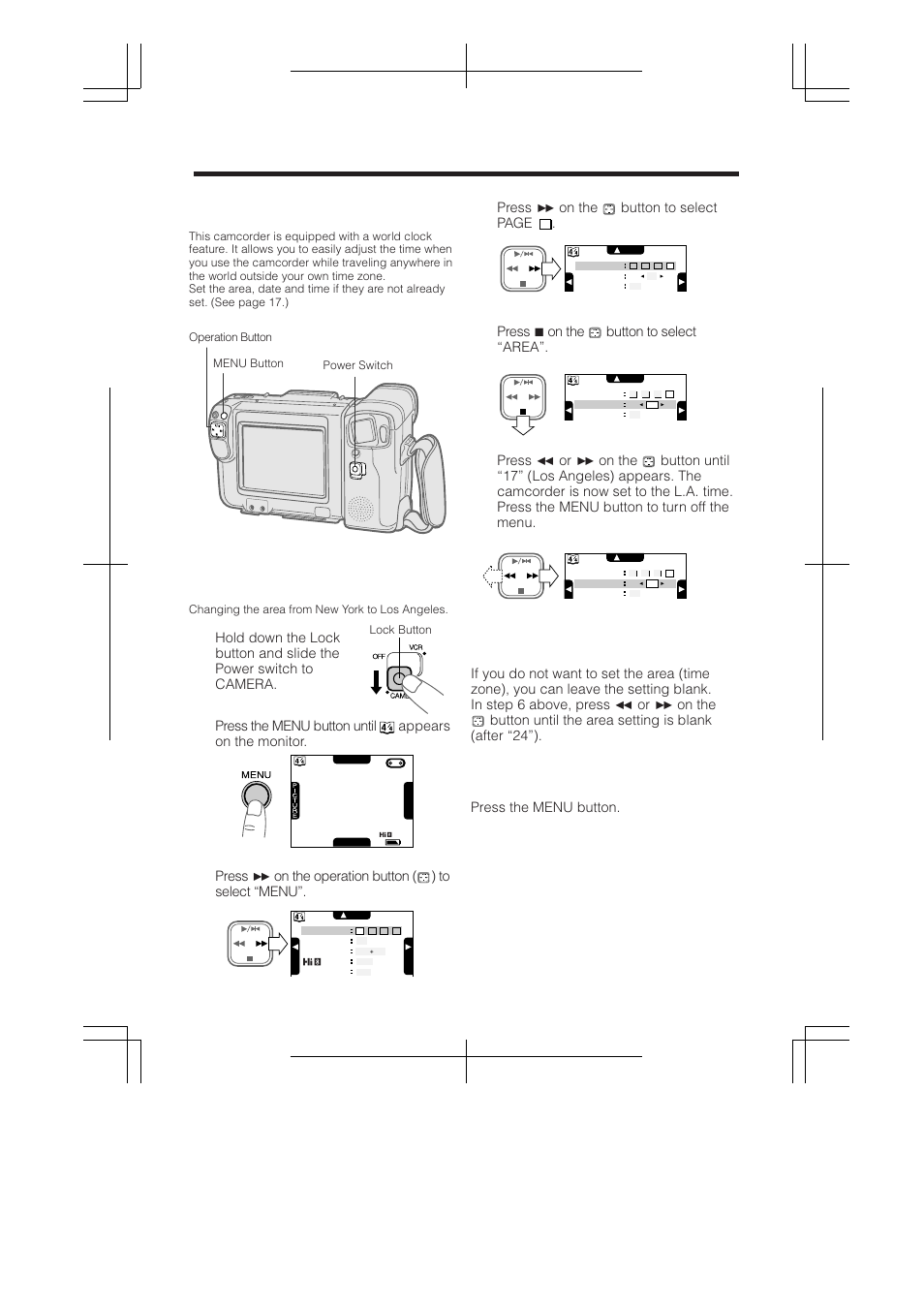 World clock, First-time operation, Press b on the button to select page | Press aon the button to select “area, Changing the area of the time zone, Press the menu button until appears on the monitor | RCA ProV950HB User Manual | Page 22 / 80