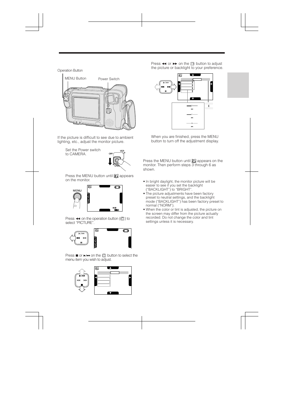 Picture/backlight adjustments, When the camcorder is in vcr mode | RCA ProV950HB User Manual | Page 25 / 80