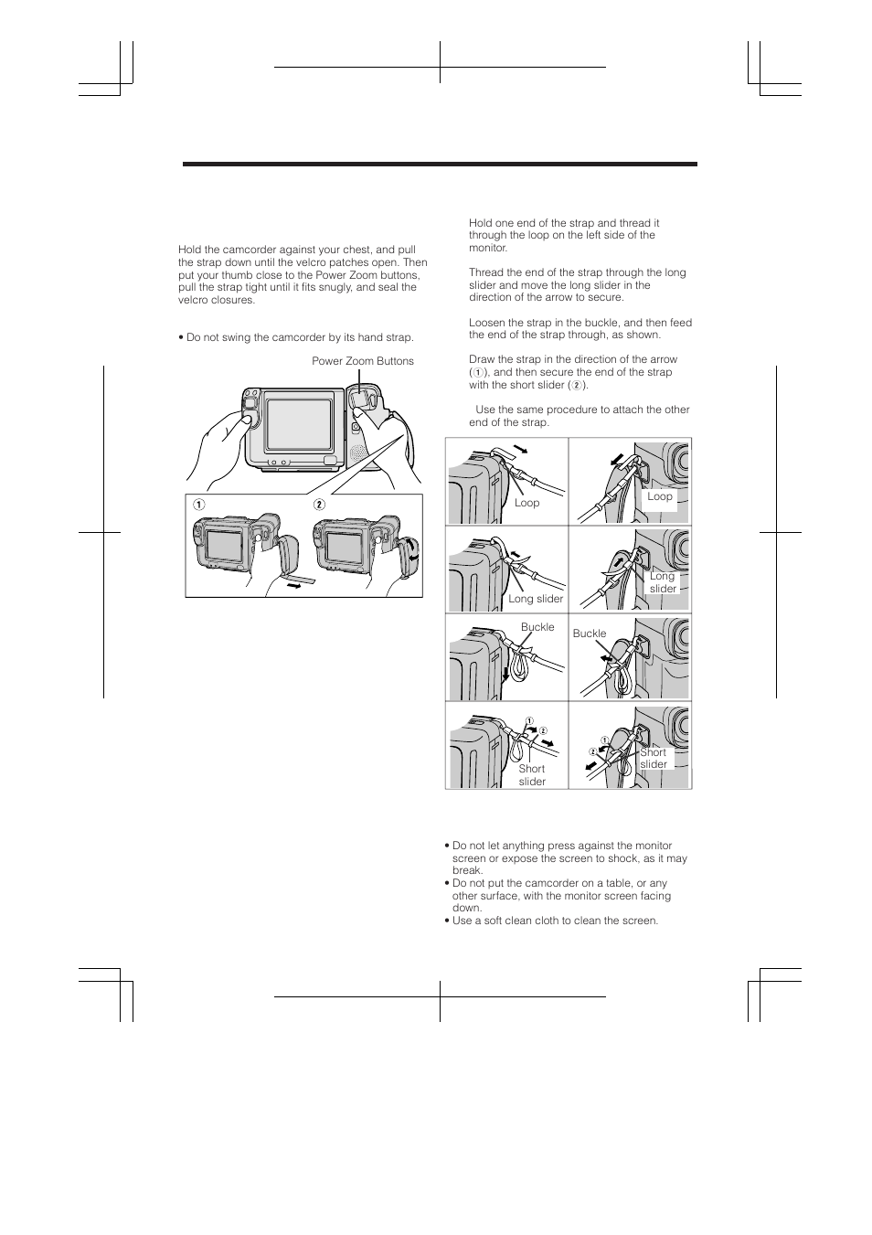 Using the hand strap, Attaching the shoulder strap, Attaching the shoulder strap 1 | Handling the lcd monitor | RCA ProV950HB User Manual | Page 26 / 80