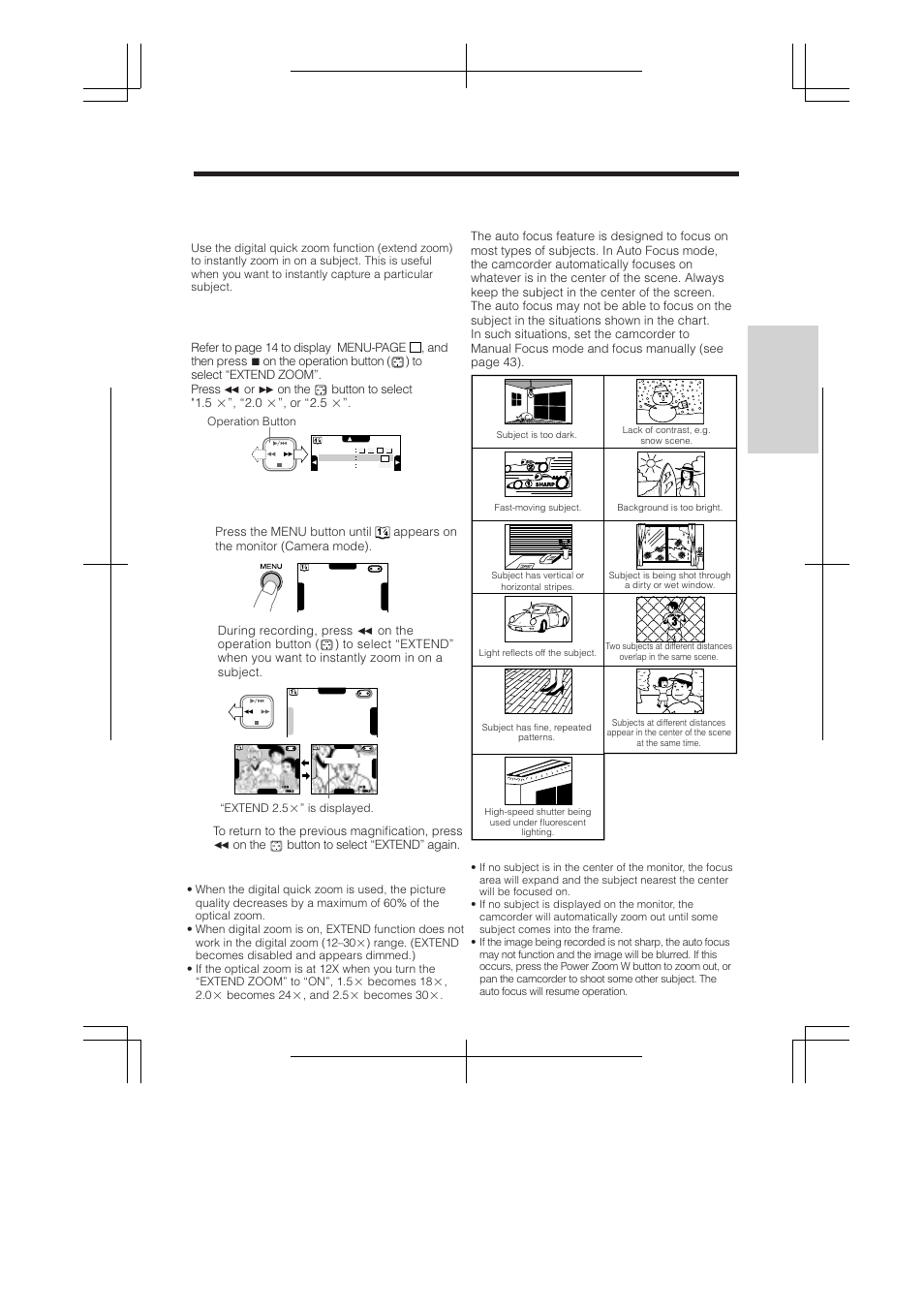 Digital quick zoom (extend zoom), Auto focus, Setting digital quick zoom ranges | Using digital quick zoom (extend zoom), Refer to page 14 to display menu-page | RCA ProV950HB User Manual | Page 29 / 80