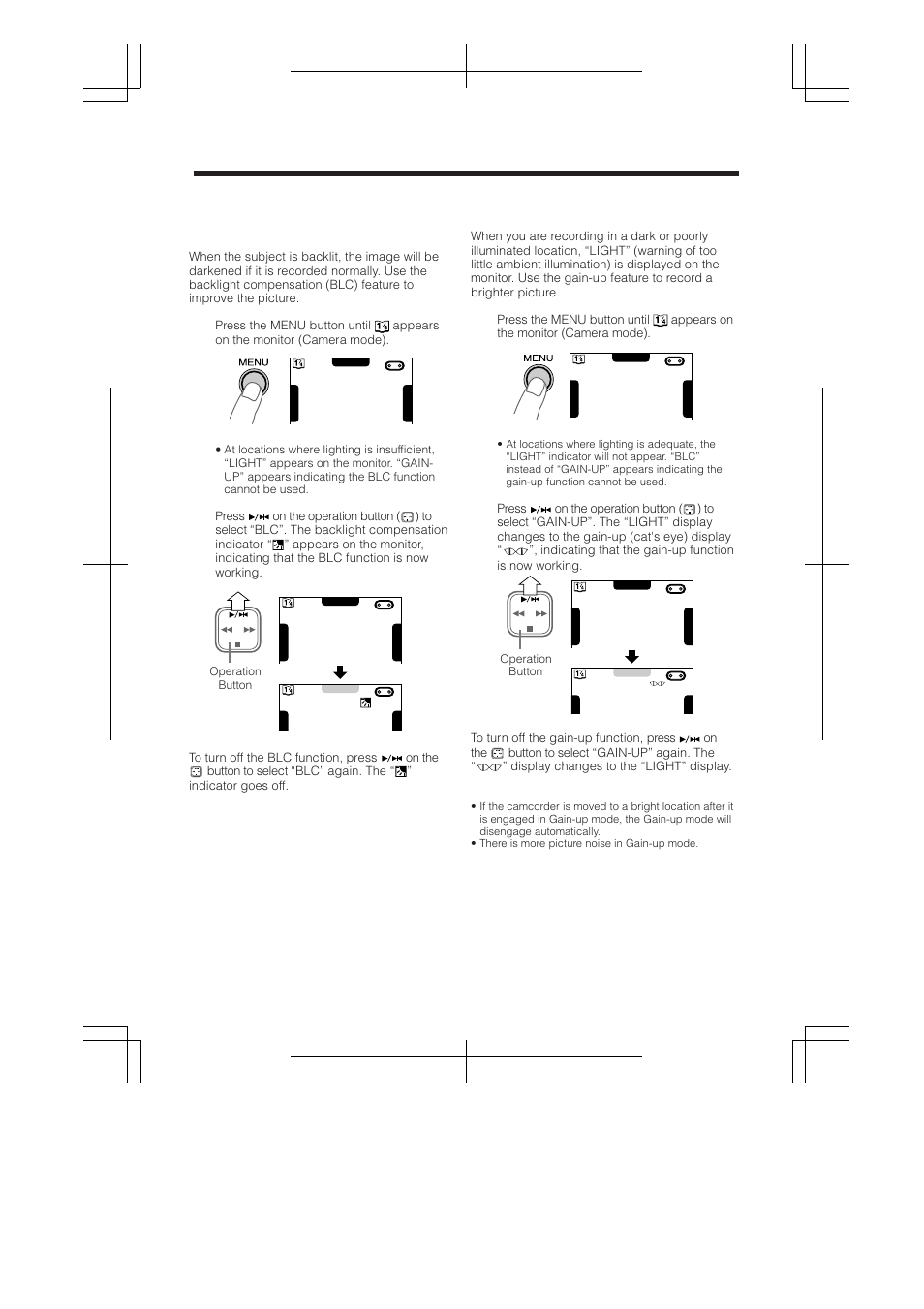 Backlight compensation (blc), Gain-up (cat’s eye), Camera recording | RCA ProV950HB User Manual | Page 30 / 80