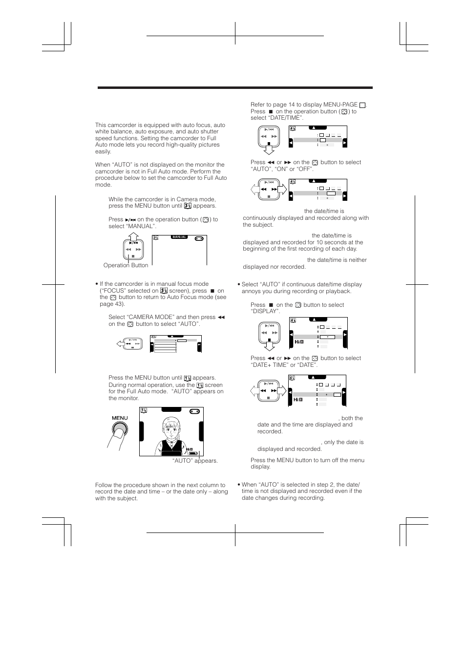 Setting the camcorder to full auto mode, Recording the date and time, Camera recording | RCA ProV950HB User Manual | Page 36 / 80