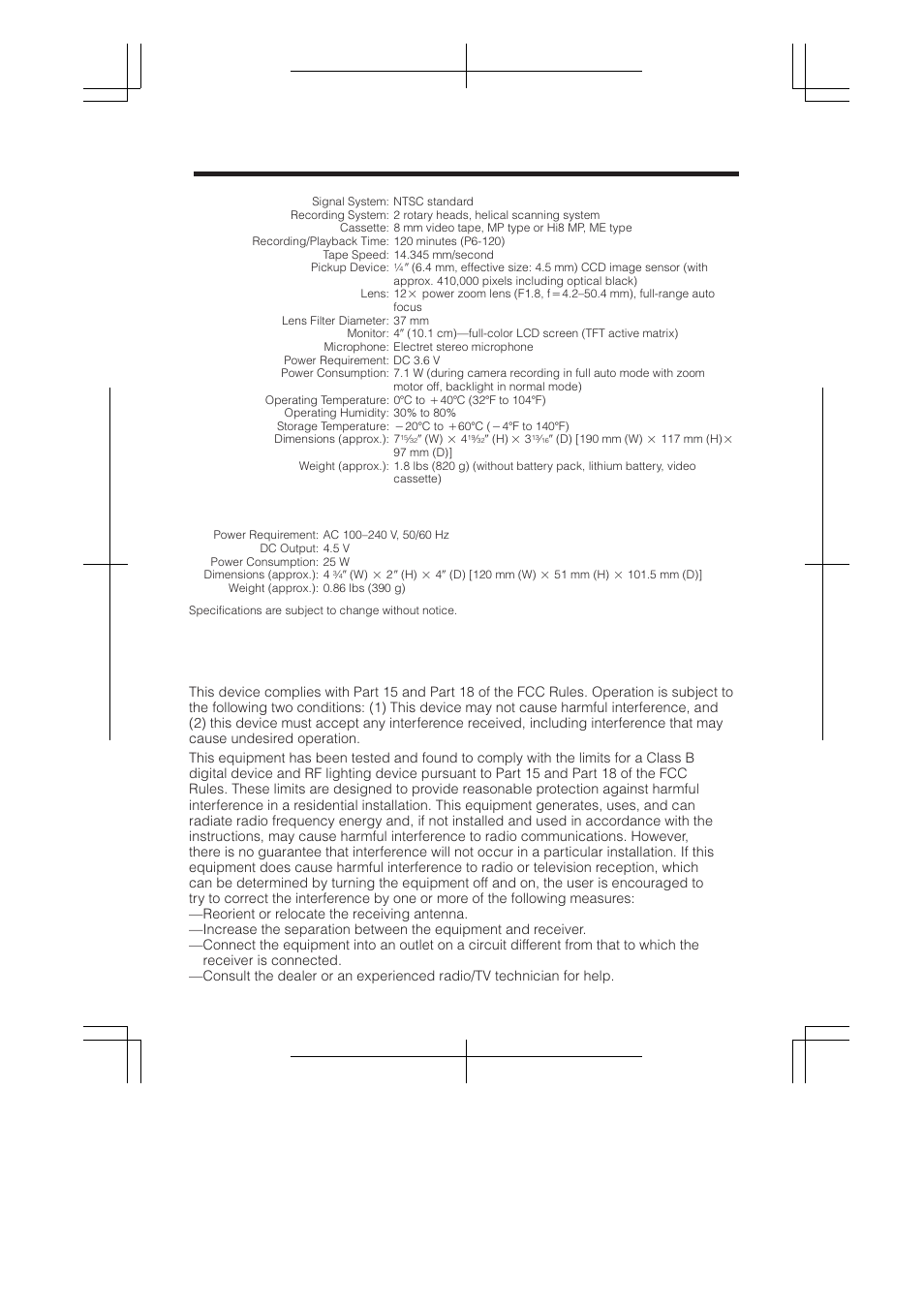 Specifications, Information to user | RCA ProV950HB User Manual | Page 72 / 80