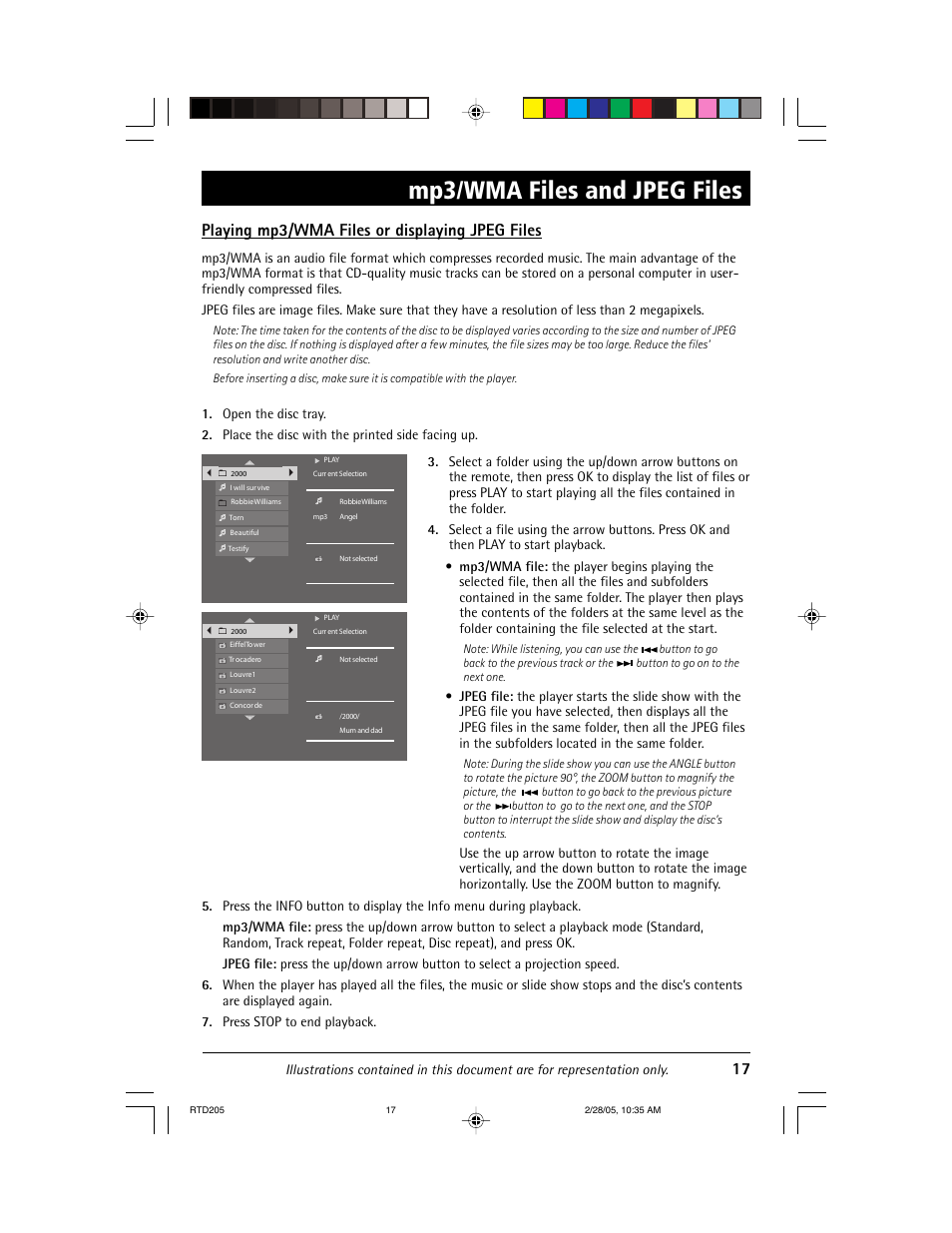 Mp3/wma files and jpeg files, Playing mp3/wma files or displaying jpeg files | RCA RTD205 User Manual | Page 19 / 30