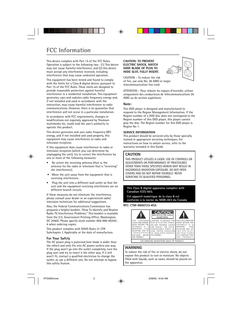 Fcc information | RCA RTD205 User Manual | Page 2 / 30