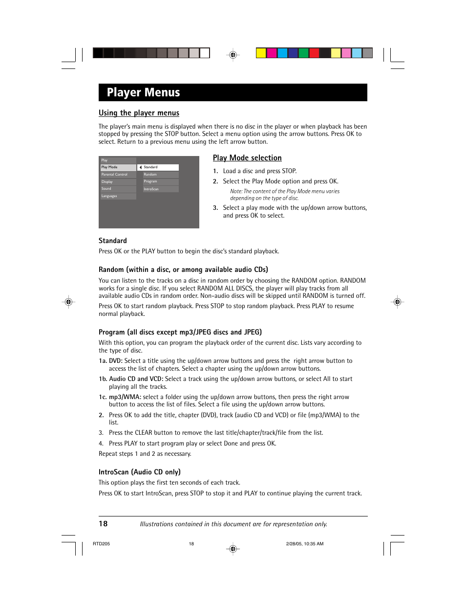 Player menus, Using the player menus, Play mode selection | RCA RTD205 User Manual | Page 20 / 30
