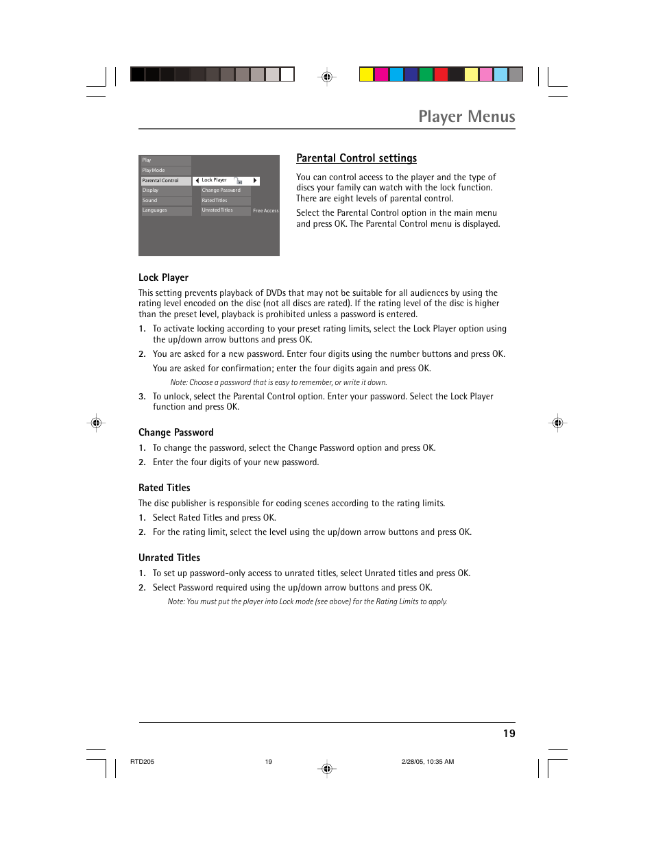 Player menus, Parental control settings | RCA RTD205 User Manual | Page 21 / 30