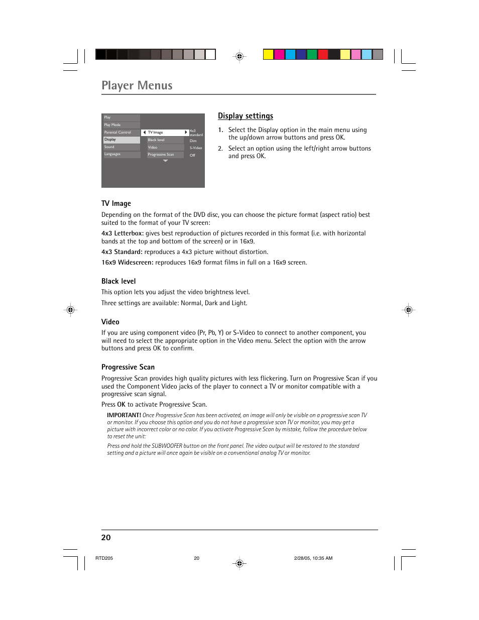 Player menus, 20 display settings, Tv image | Black level, Video, Progressive scan | RCA RTD205 User Manual | Page 22 / 30