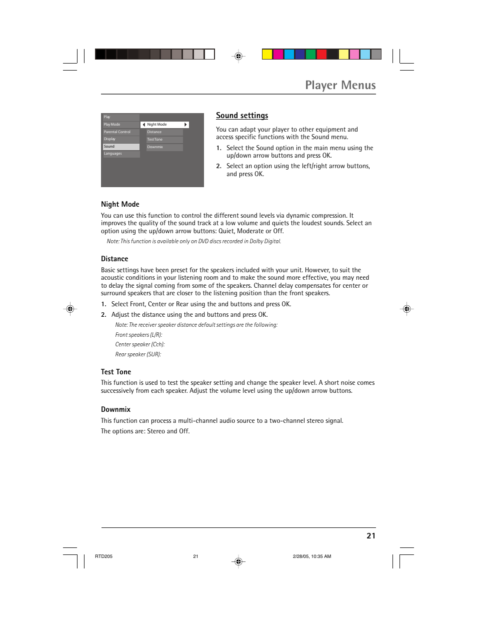 Player menus, 21 sound settings | RCA RTD205 User Manual | Page 23 / 30